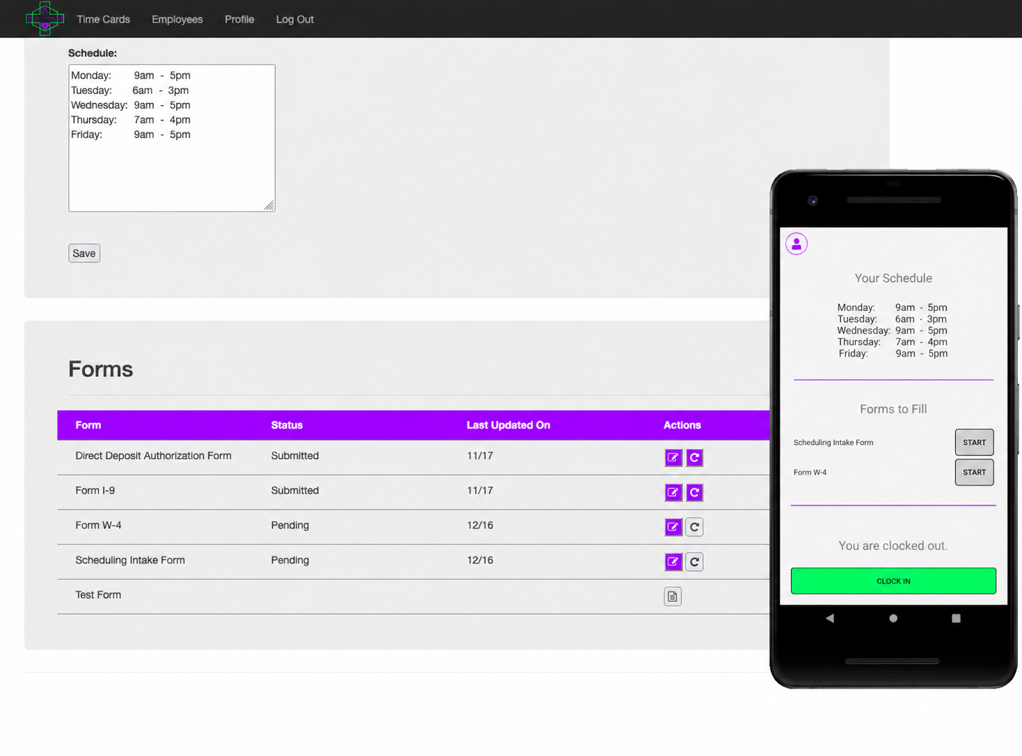 Employee scheduling, forms, and workflow software application